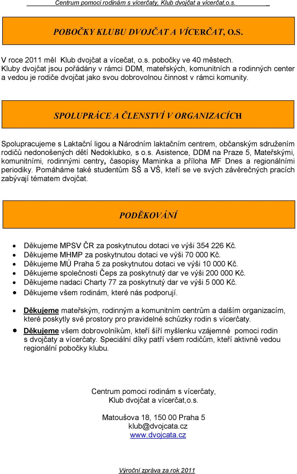 SPOLUPRÁCE A ČLENSTVÍ V ORGANIZACÍCH Spolupracujeme s Laktační ligou a Národním laktačním centrem, občanským sdružením rodičů nedonošených dětí Nedoklubko, s o.s. Asistence, DDM na Praze 5, Mateřskými, komunitními, rodinnými centry, časopisy Maminka a příloha MF Dnes a regionálními periodiky.