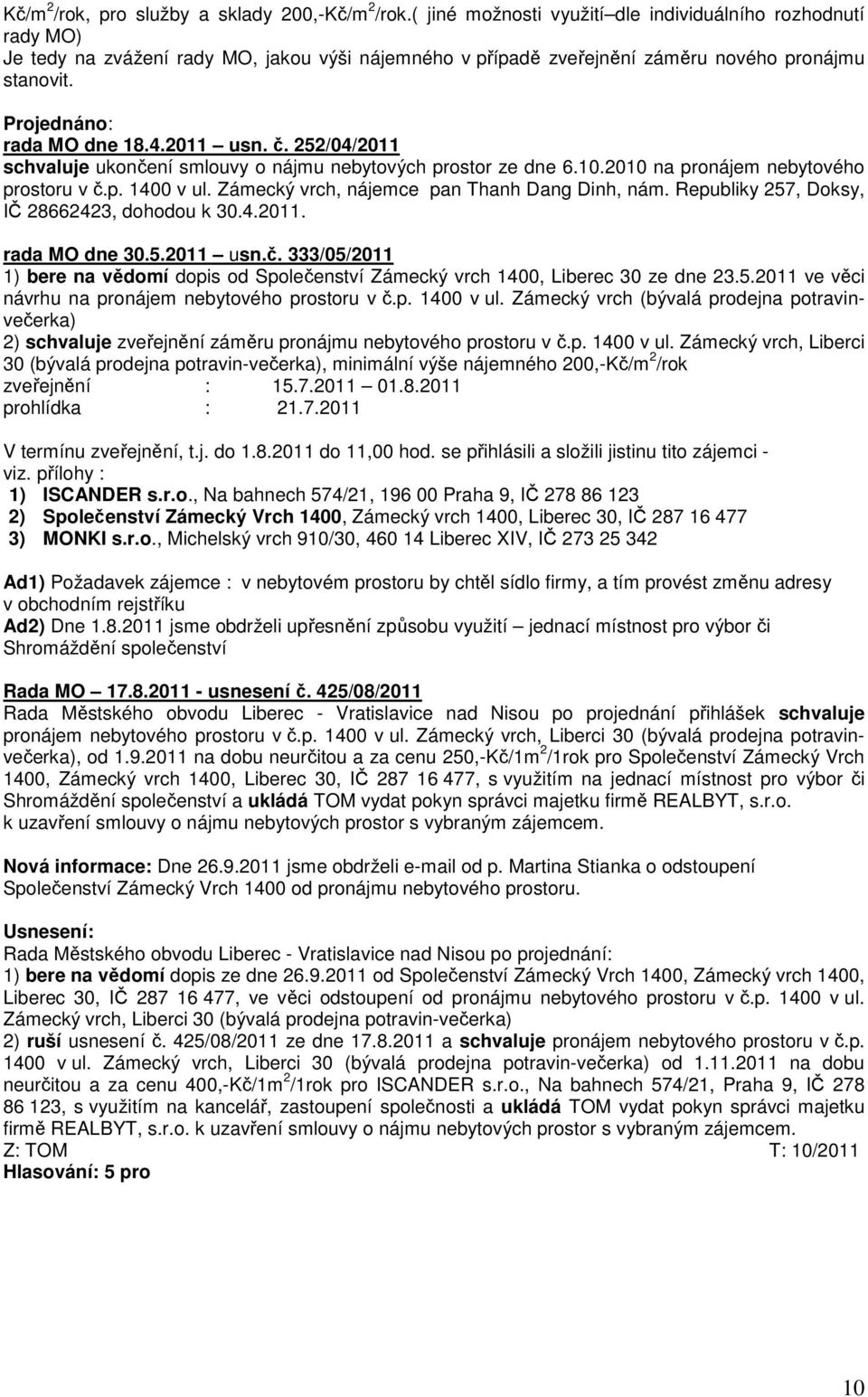 2011 usn. č. 252/04/2011 schvaluje ukončení smlouvy o nájmu nebytových prostor ze dne 6.10.2010 na pronájem nebytového prostoru v č.p. 1400 v ul. Zámecký vrch, nájemce pan Thanh Dang Dinh, nám.