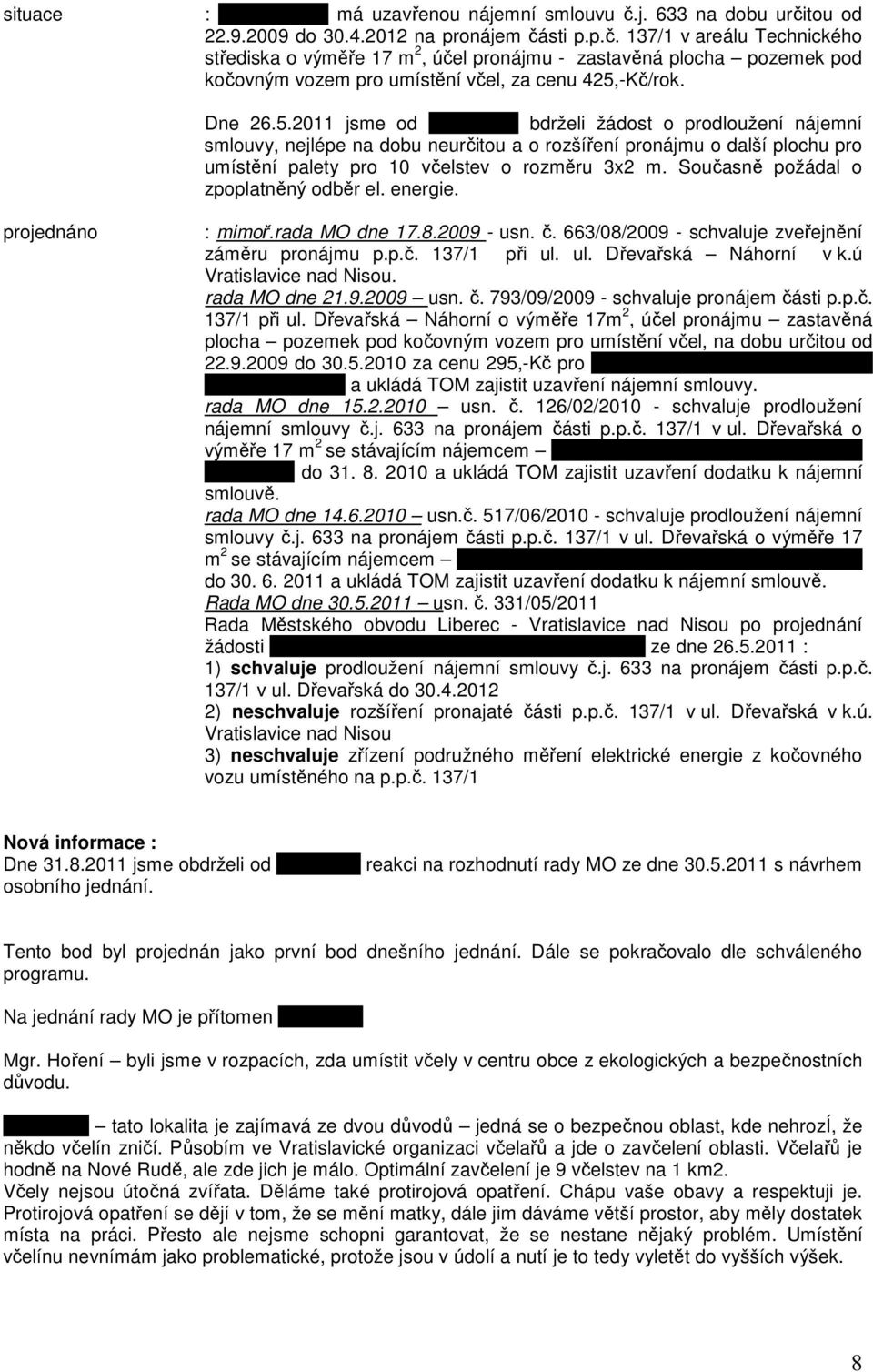 Dne 26.5.2011 jsme od p. Zástěry bdrželi žádost o prodloužení nájemní smlouvy, nejlépe na dobu neurčitou a o rozšíření pronájmu o další plochu pro umístění palety pro 10 včelstev o rozměru 3x2 m.