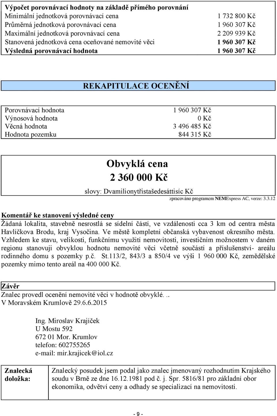 pozemku 1 960 307 Kč 0 Kč 3 496 485 Kč 844 315 Kč Obvyklá cena 2 360 000 Kč slovy: Dvamilionytřistašedesáttisíc Kč zpracováno programem NEMExpress AC, verze: 3.3.12 Komentář ke stanovení výsledné ceny Žádaná lokalita, stavebně nesrostlá se sídelní částí, ve vzdálenosti cca 3 km od centra města Havlíčkova Brodu, kraj Vysočina.