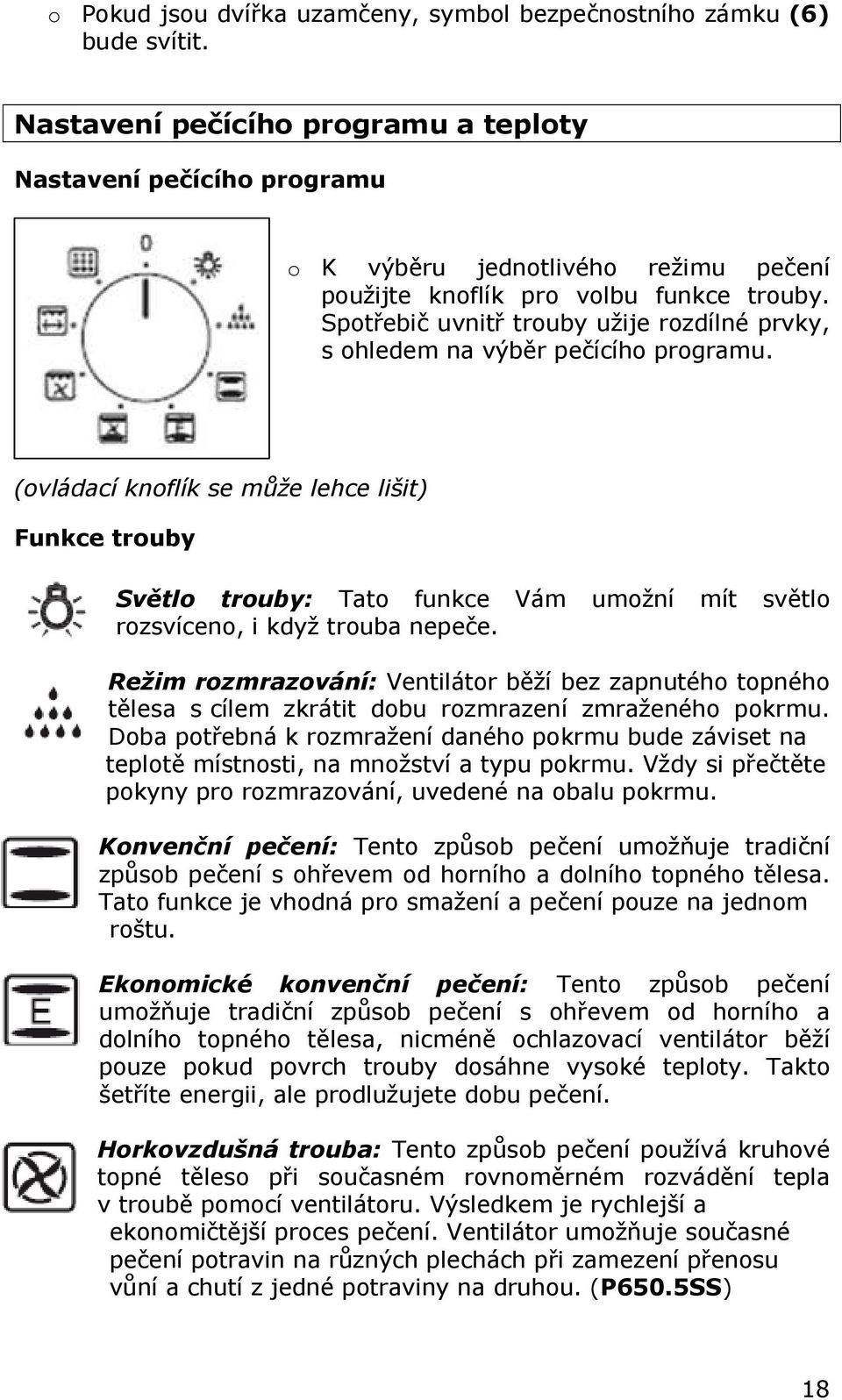 Spotřebič uvnitř trouby užije rozdílné prvky, s ohledem na výběr pečícího programu.