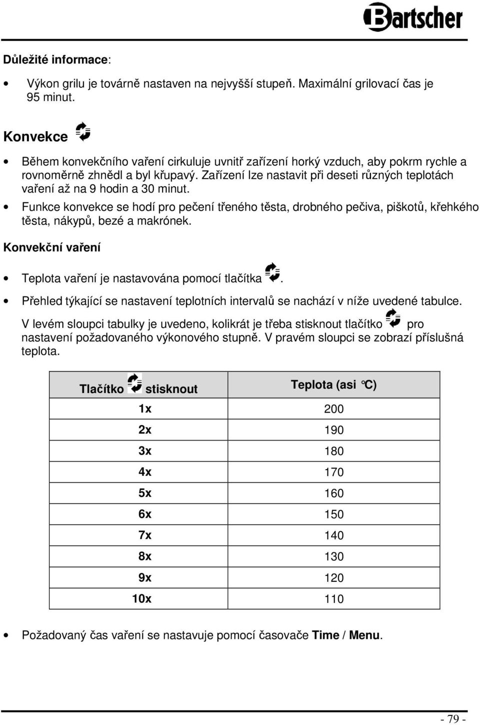 Funkce knvekce se hdí pr pečení třenéh těsta, drbnéh pečiva, pišktů, křehkéh těsta, nákypů, bezé a makrónek. Knvekční vaření Teplta vaření je nastavvána pmcí tlačítka.