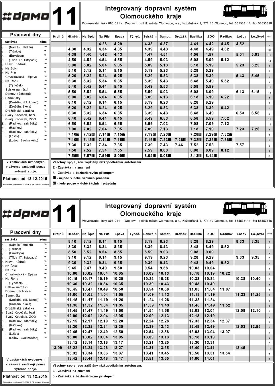 (Droždín, škola) 7 Droždínská zatáčka 7 Svatý Kopeček, bazil. 7 Svatý Kopeček, ZOO 7. (Radíkov, zahrádky) 7. (Radíkov) 7. (Radíkov, zahrádky) 7. (Lošov) 7. (Lošov, Svolinského) 7 Platnost od.