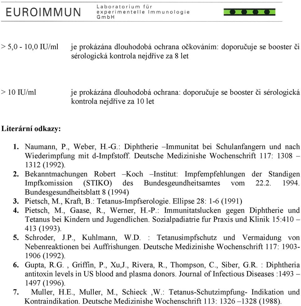 Deutsche Medizinishe Wochenschrift 117: 1308 1312 (1992). 2. Bekanntmachungen Robert Koch Institut: Impfempfehlungen der Standigen Impfkomission (STIKO) des Bundesgeundheitsamtes vom 22.2. 1994.