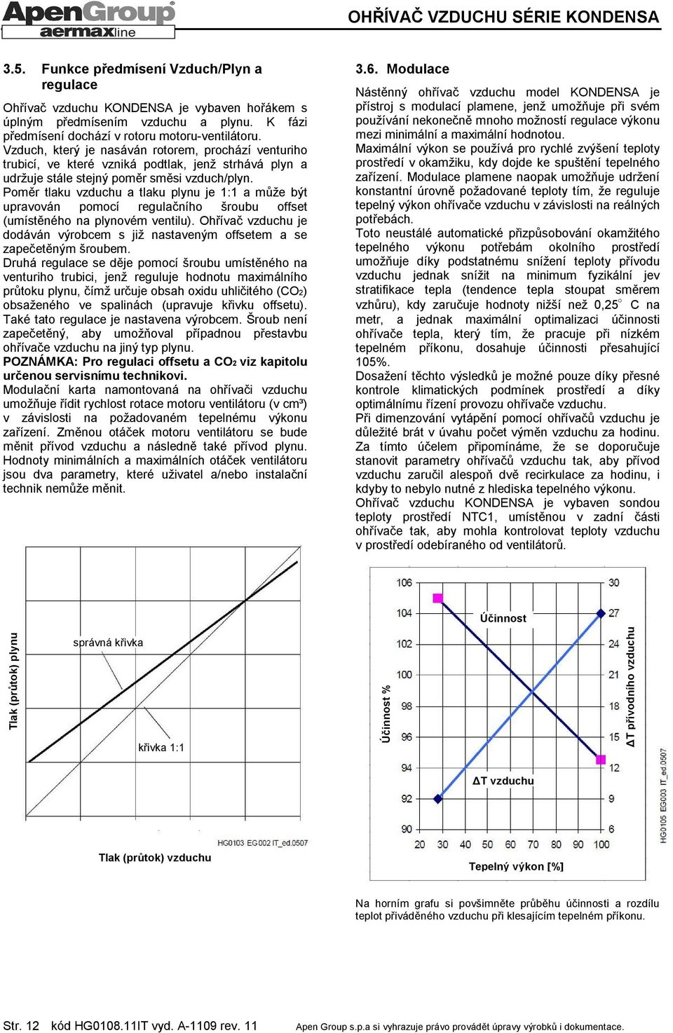Poměr tlaku vzduchu a tlaku plynu je 1:1 a může být upravován pomocí regulačního šroubu offset (umístěného na plynovém ventilu).