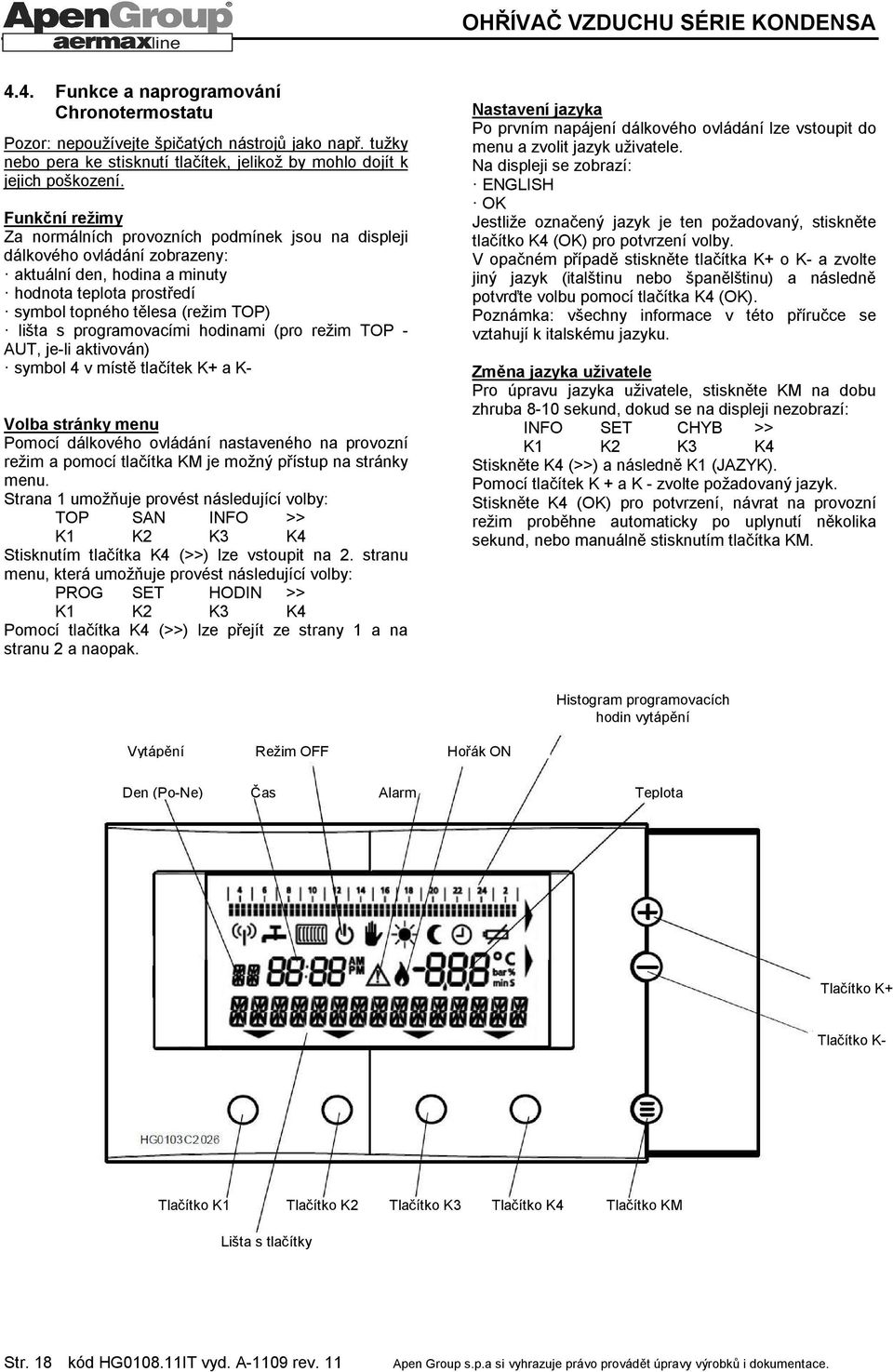 programovacími hodinami (pro režim TOP - AUT, je-li aktivován) symbol 4 v místě tlačítek K+ a K- Volba stránky menu Pomocí dálkového ovládání nastaveného na provozní režim a pomocí tlačítka KM je
