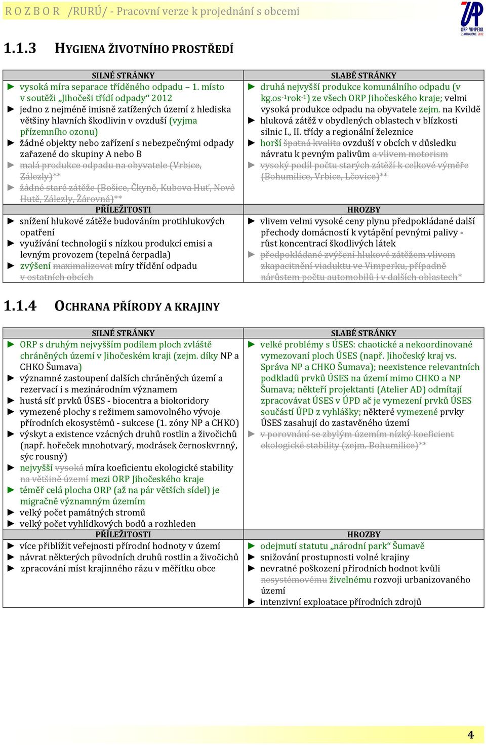 odpady zařazené do skupiny A nebo B malá produkce odpadu na obyvatele (Vrbice, Zálezly)** žádné staré zátěže (Bošice, Čkyně, Kubova Huť, Nové Hutě, Zálezly, Žárovná)** PŘÍLEŽITOSTI snížení hlukové