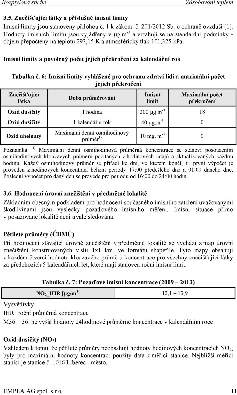 Imisní limity a povolený počet jejich překročení za kalendářní rok Tabulka č.