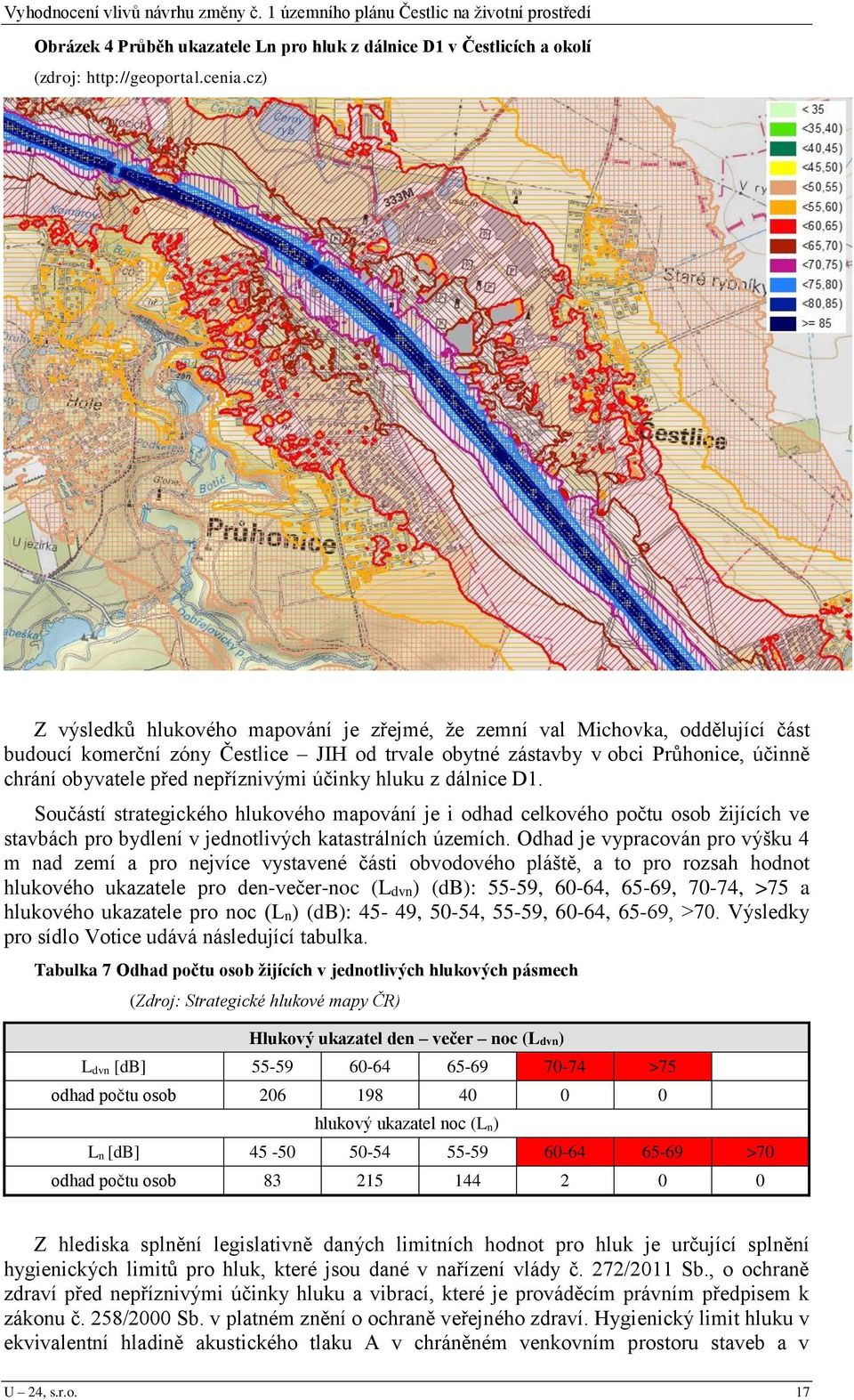 nepříznivými účinky hluku z dálnice D1. Součástí strategického hlukového mapování je i odhad celkového počtu osob žijících ve stavbách pro bydlení v jednotlivých katastrálních územích.