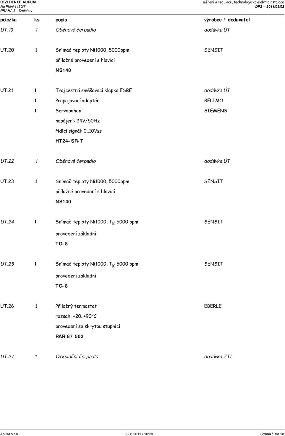 22 1 Oběhové čerpadlo dodávka ÚT UT.23 1 Snímač teploty Ni1000, 5000ppm SENSIT příložné provedení s hlavicí NS140 UT.