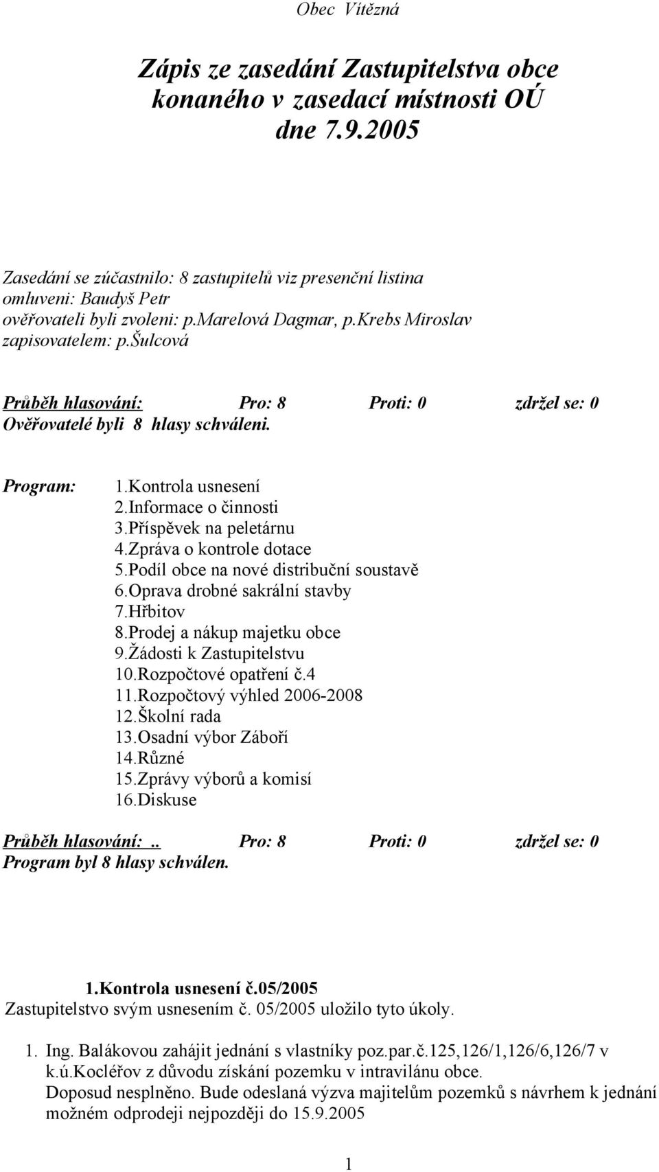 Příspěvek na peletárnu 4.Zpráva o kontrole dotace 5.Podíl obce na nové distribuční soustavě 6.Oprava drobné sakrální stavby 7.Hřbitov 8.Prodej a nákup majetku obce 9.Žádosti k Zastupitelstvu 10.