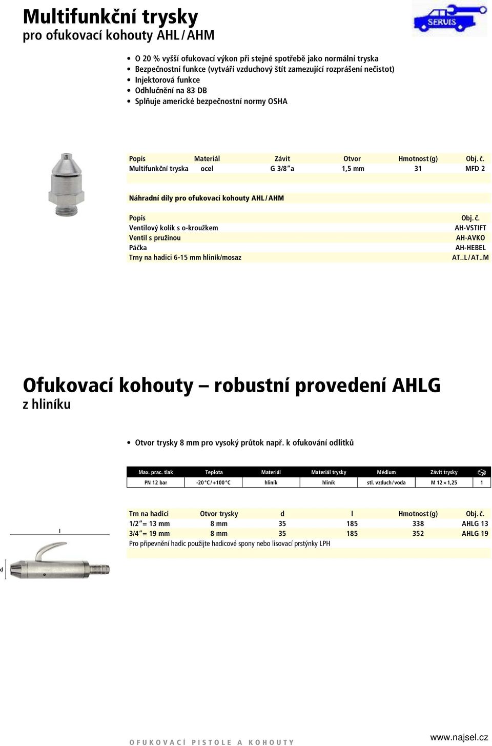 Mutifunkční tryska oce G 3/8 a 1,5 mm 31 MFD 2 Náhraní íy pro ofukovací kohouty AHL / AHM Popis Obj. č.