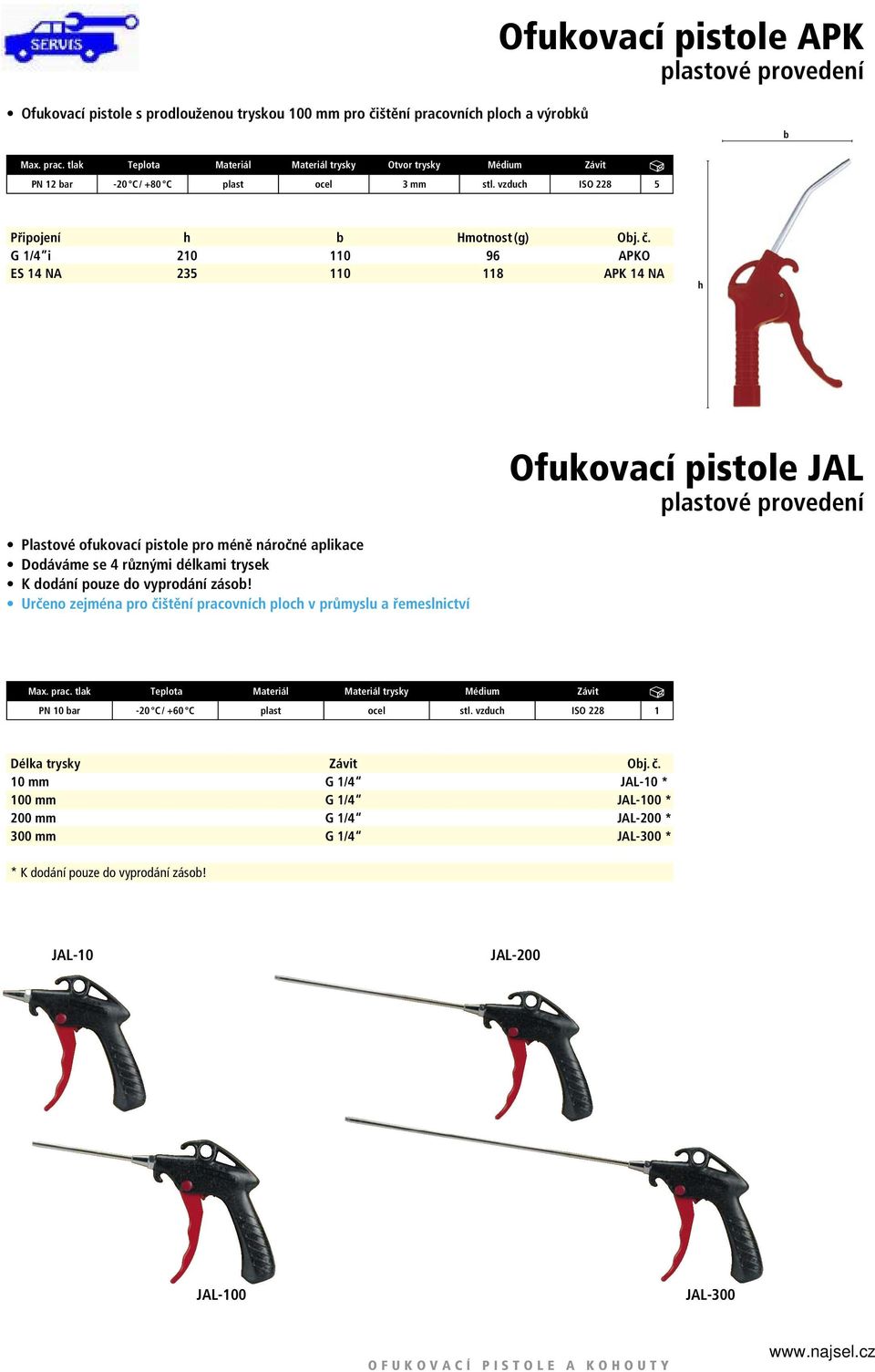 G 1/4 i 210 110 96 APKO ES 14 NA 235 110 118 APK 14 NA h Ofukovací pistoe JAL pastové proveení Pastové ofukovací pistoe pro méně náročné apikace Doáváme se 4 různými ékami trysek K oání pouze o