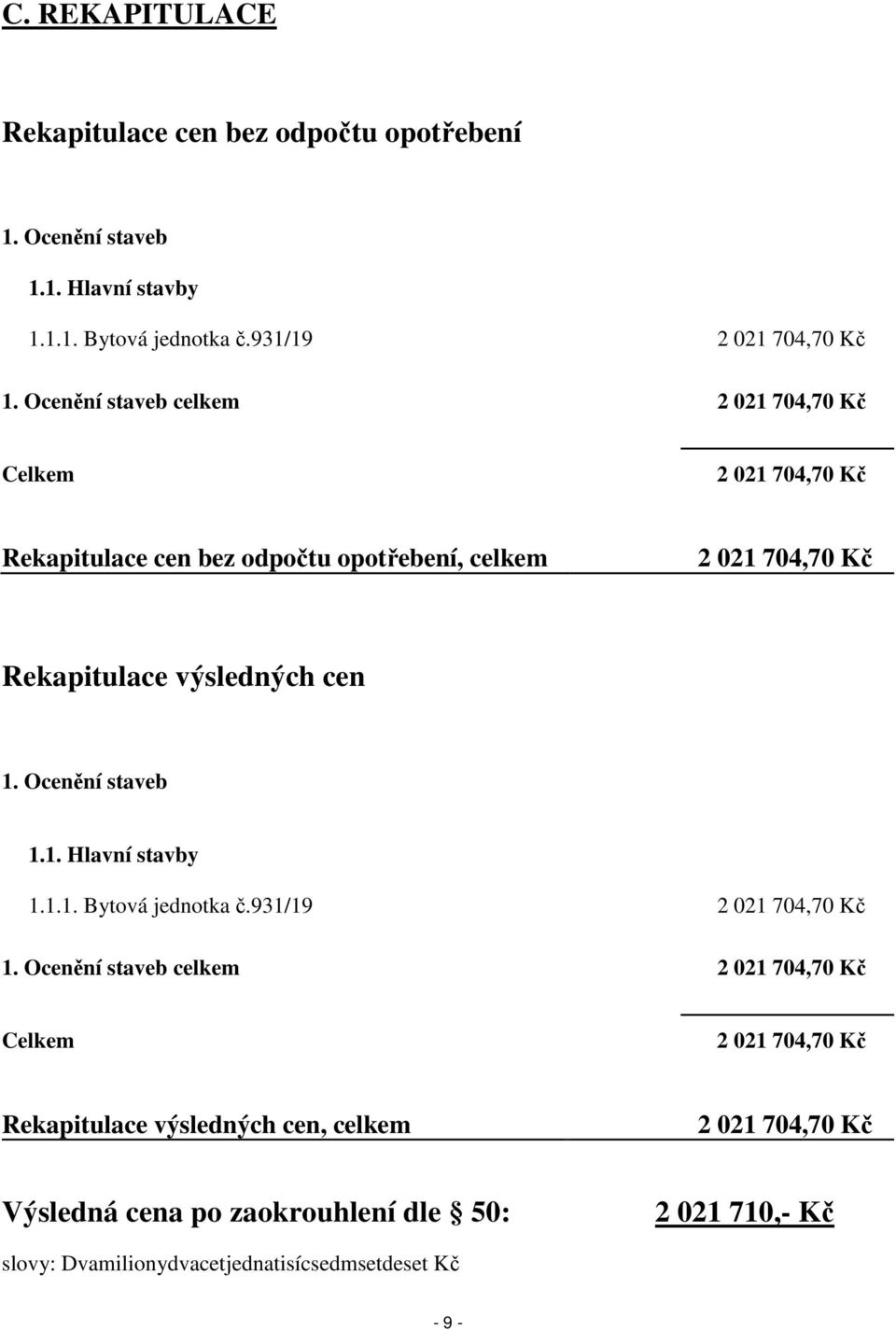 cen 1. Ocenění staveb 1.1. Hlavní stavby 1.1.1. Bytová jednotka č.931/19 2 021 704,70 Kč 1.