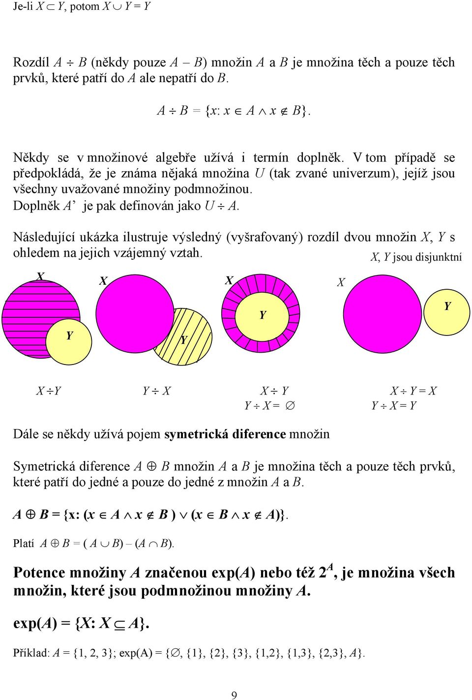 Doplněk A je pak definován jako U A. Následující ukázka ilustruje výsledný (vyšrafovaný) rozdíl dvou množin X, Y s ohledem na jejich vzájemný vztah.