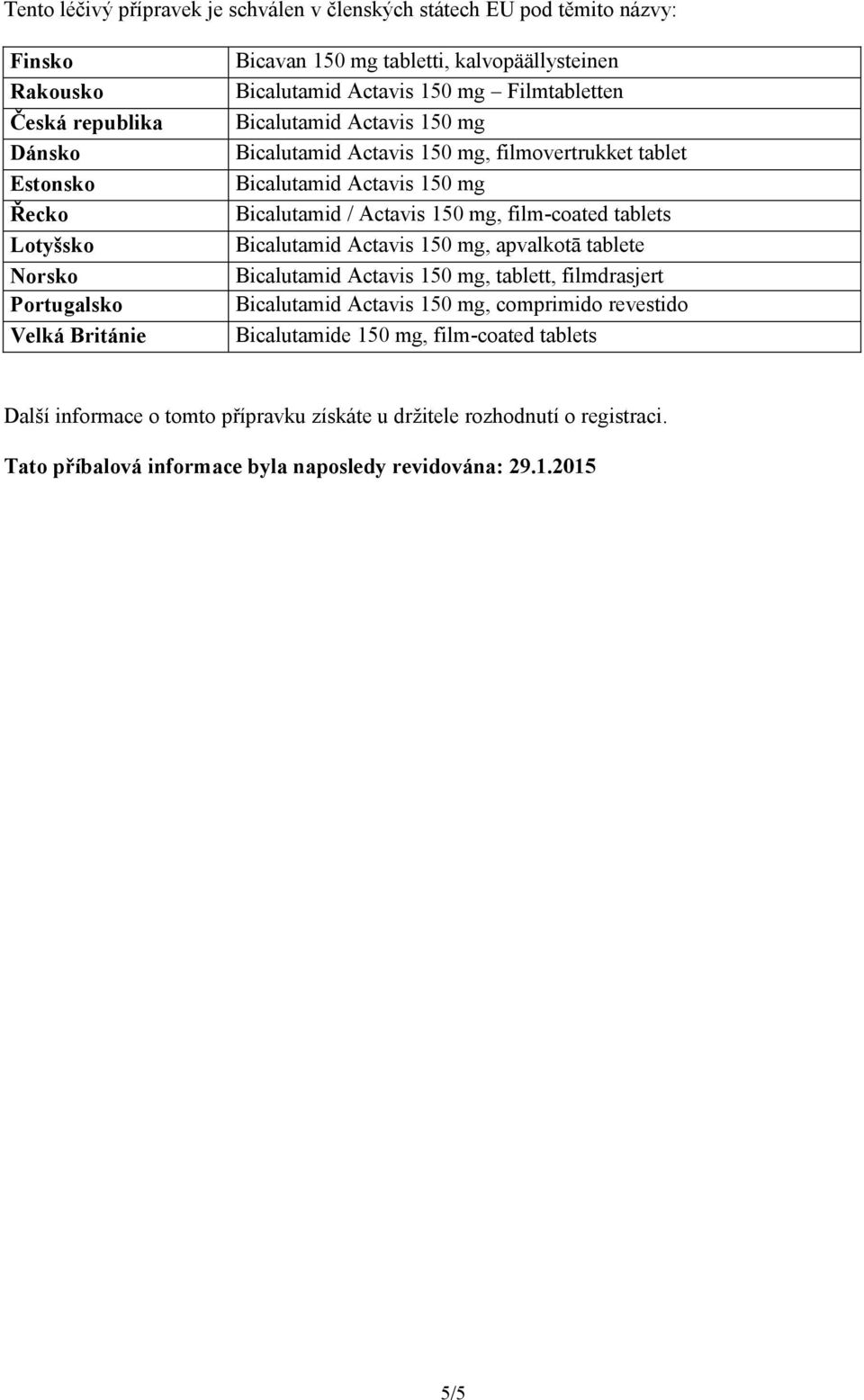 150 mg, film-coated tablets, apvalkotā tablete, tablett, filmdrasjert, comprimido revestido Bicalutamide 150 mg, film-coated tablets Další