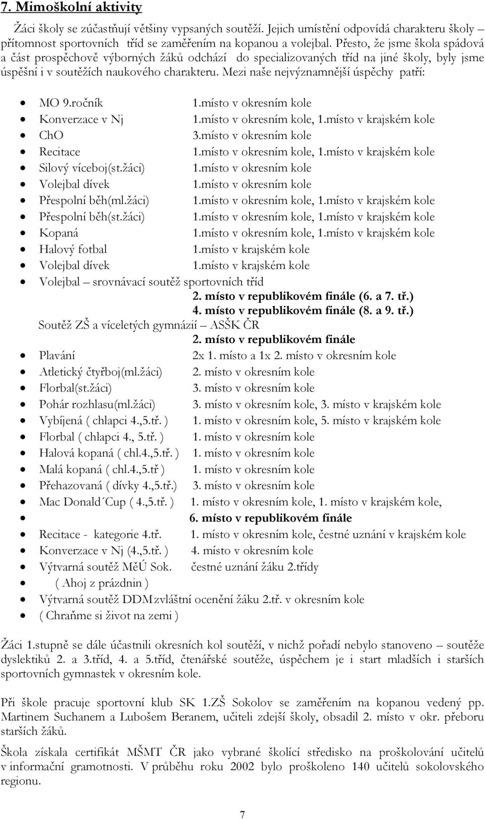 Mezi naše nejvýznamnější úspěchy patří: MO 9.ročník 1.místo v okresním kole Konverzace v Nj 1.místo v okresním kole, 1.místo v krajském kole ChO 3.místo v okresním kole Recitace 1.