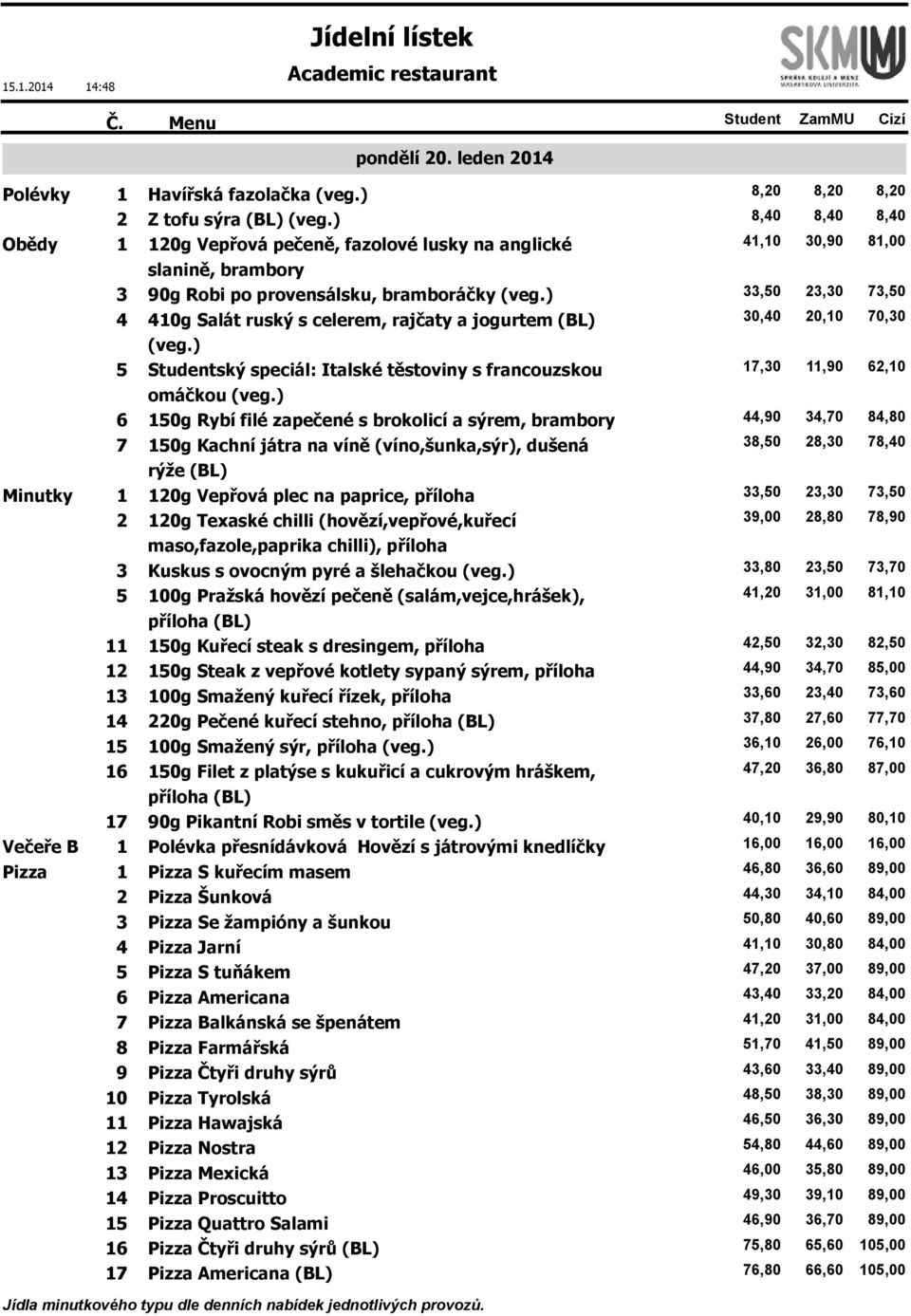 ) 4 410g Salát ruský s celerem, rajčaty a jogurtem (BL) 30,40 20,10 70,30 (veg.) 5 ský speciál: Italské těstoviny s francouzskou 17,30 11,90 62,10 omáčkou (veg.