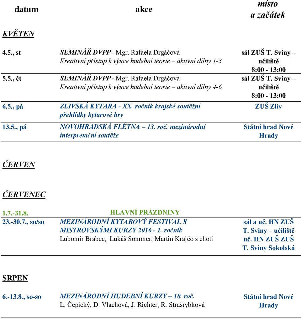 ík krajské soutěžní přehlídky kytarové hry 13.5., pá NOVOHRADSKÁ FLÉTNA 13. roč. mezinárodní interpretační soutěže 8:00-13:00 8:00-13:00 ZUŠ Zliv Státní hrad Nové Hrady ČERVEN ČERVENEC 1.7.-31.8. HLAVNÍ PRÁZDNINY 23.