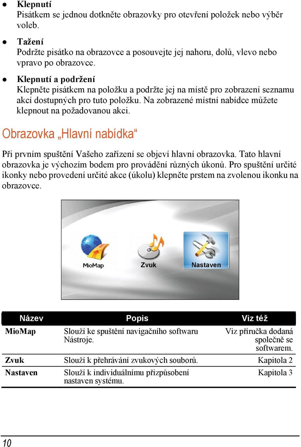 Obrazovka Hlavní nabídka Při prvním spuštění Vašeho zařízení se objeví hlavní obrazovka. Tato hlavní obrazovka je výchozím bodem pro provádění různých úkonů.