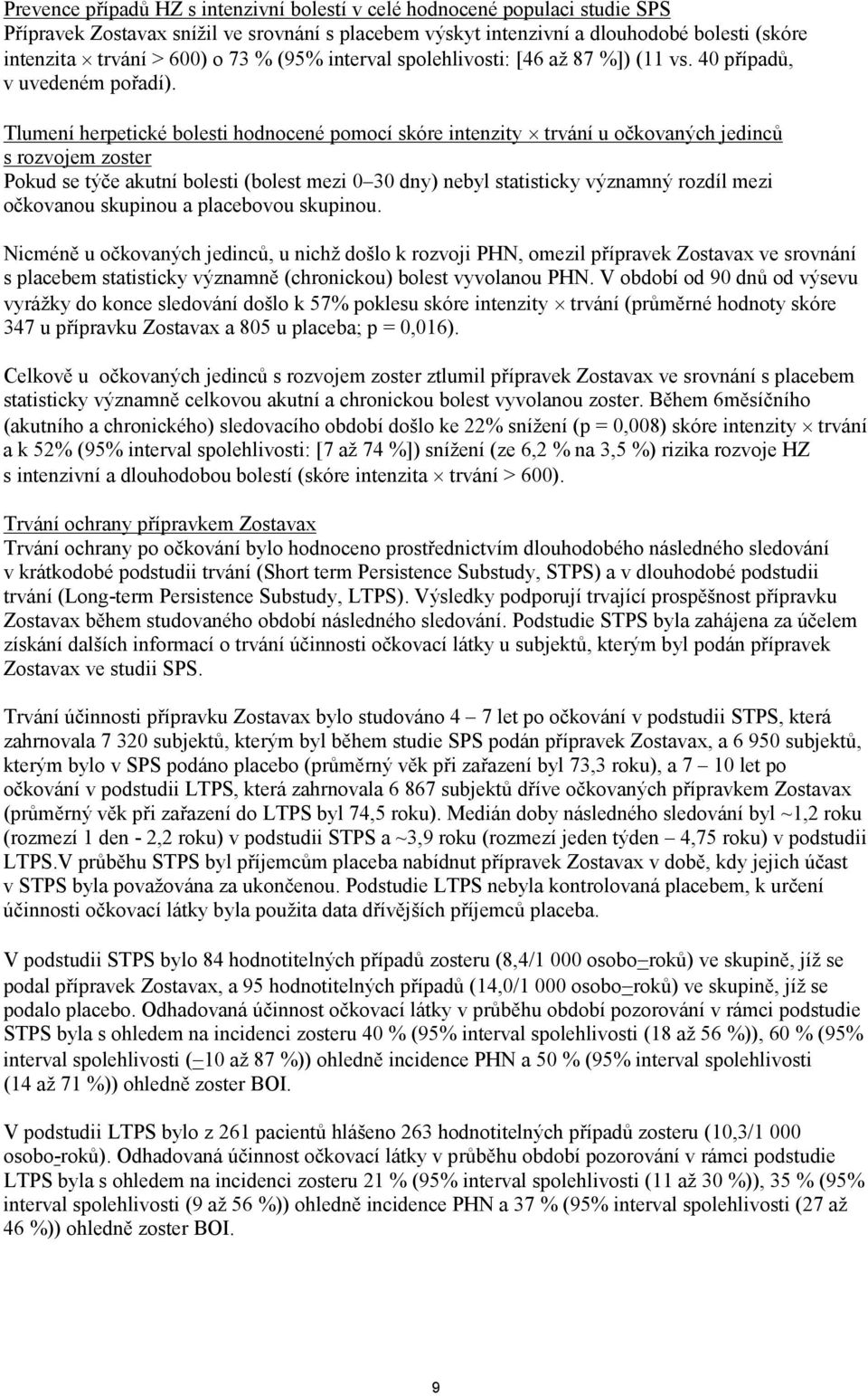 Tlumení herpetické bolesti hodnocené pomocí skóre intenzity trvání u očkovaných jedinců s rozvojem zoster Pokud se týče akutní bolesti (bolest mezi 0 30 dny) nebyl statisticky významný rozdíl mezi