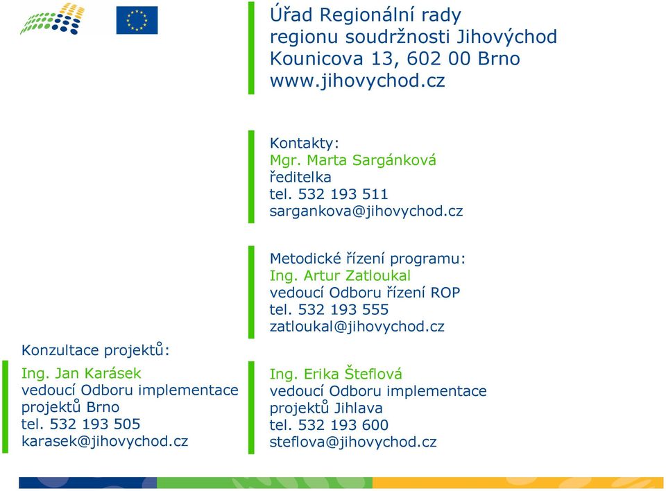 Jan Karásek vedoucí Odboru implementace projektů Brno tel. 532 193 505 karasek@jihovychod.cz Metodické řízení programu: Ing.