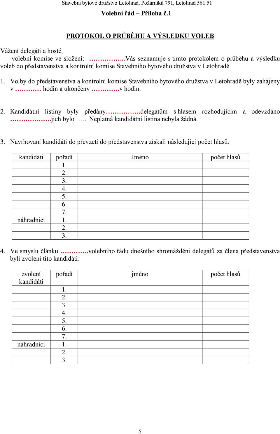 Volby do představenstva a kontrolní komise Stavebního bytového družstva v Letohradě byly zahájeny v hodin a ukončeny.v hodin. Kandidátní listiny byly předány.