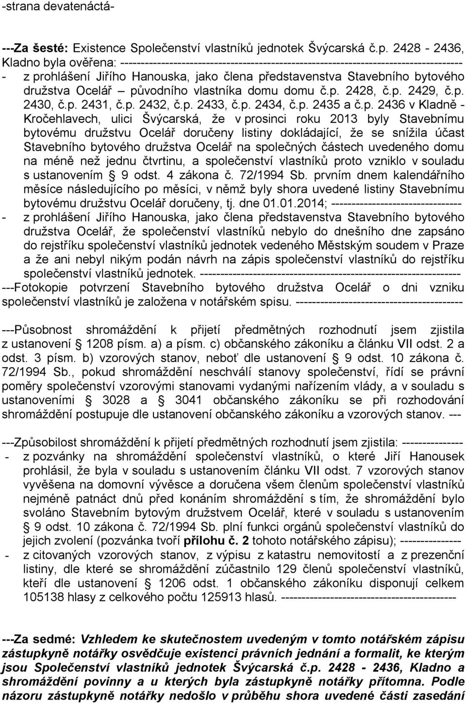 2428-2436, Kladno byla ověřena: ------------------------------------------------------------------------------------ - z prohlášení Jiřího Hanouska, jako člena představenstva Stavebního bytového