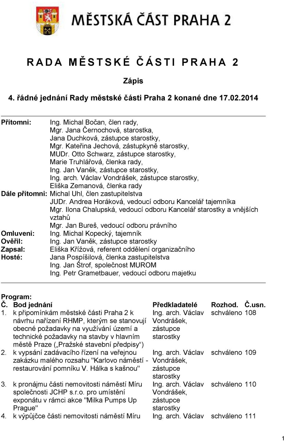 Jan Vaněk, zástupce starostky, Ing. arch. Václav Vondrášek, zástupce starostky, Eliška Zemanová, členka rady Dále přítomni: Michal Uhl, člen zastupitelstva JUDr.