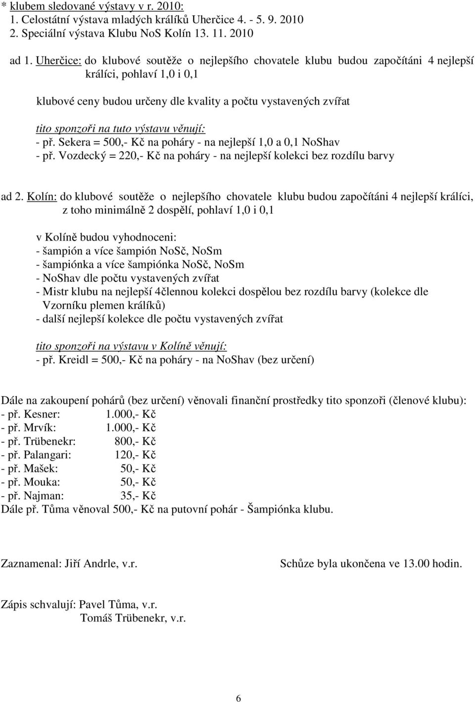 výstavu věnují: - př. Sekera = 500,- Kč na poháry - na nejlepší 1,0 a 0,1 NoShav - př. Vozdecký = 220,- Kč na poháry - na nejlepší kolekci bez rozdílu barvy ad 2.