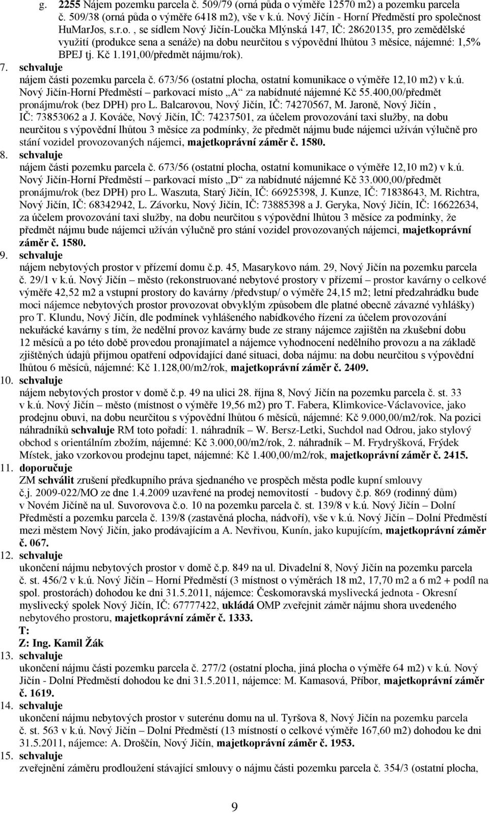 Nový Jičín-Horní Předměstí parkovací místo A za nabídnuté nájemné Kč 55.400,00/předmět pronájmu/rok (bez DPH) pro L. Balcarovou, Nový Jičín, IČ: 74270567, M. Jaroně, Nový Jičín, IČ: 73853062 a J.