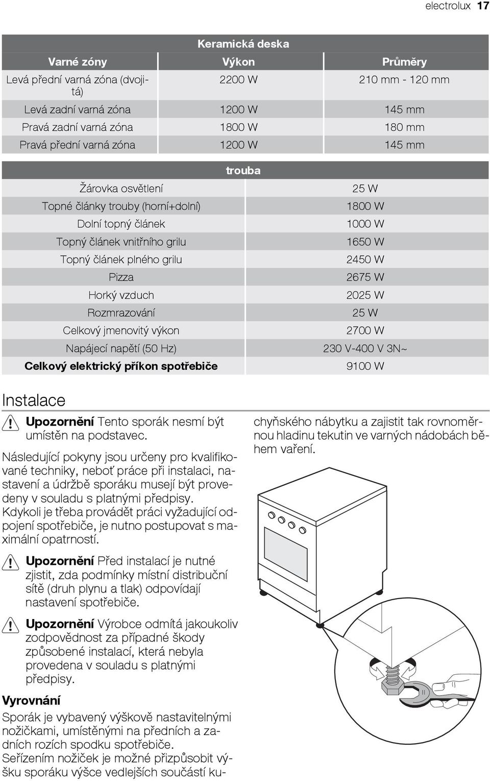 jmenovitý výkon trouba 25 W 1800 W 1000 W 1650 W 2450 W 2675 W 2025 W 25 W 2700 W Napájecí napětí (50 Hz) 230 V-400 V 3N~ Celkový elektrický příkon spotřebiče 9100 W Instalace Upozornění Tento sporák
