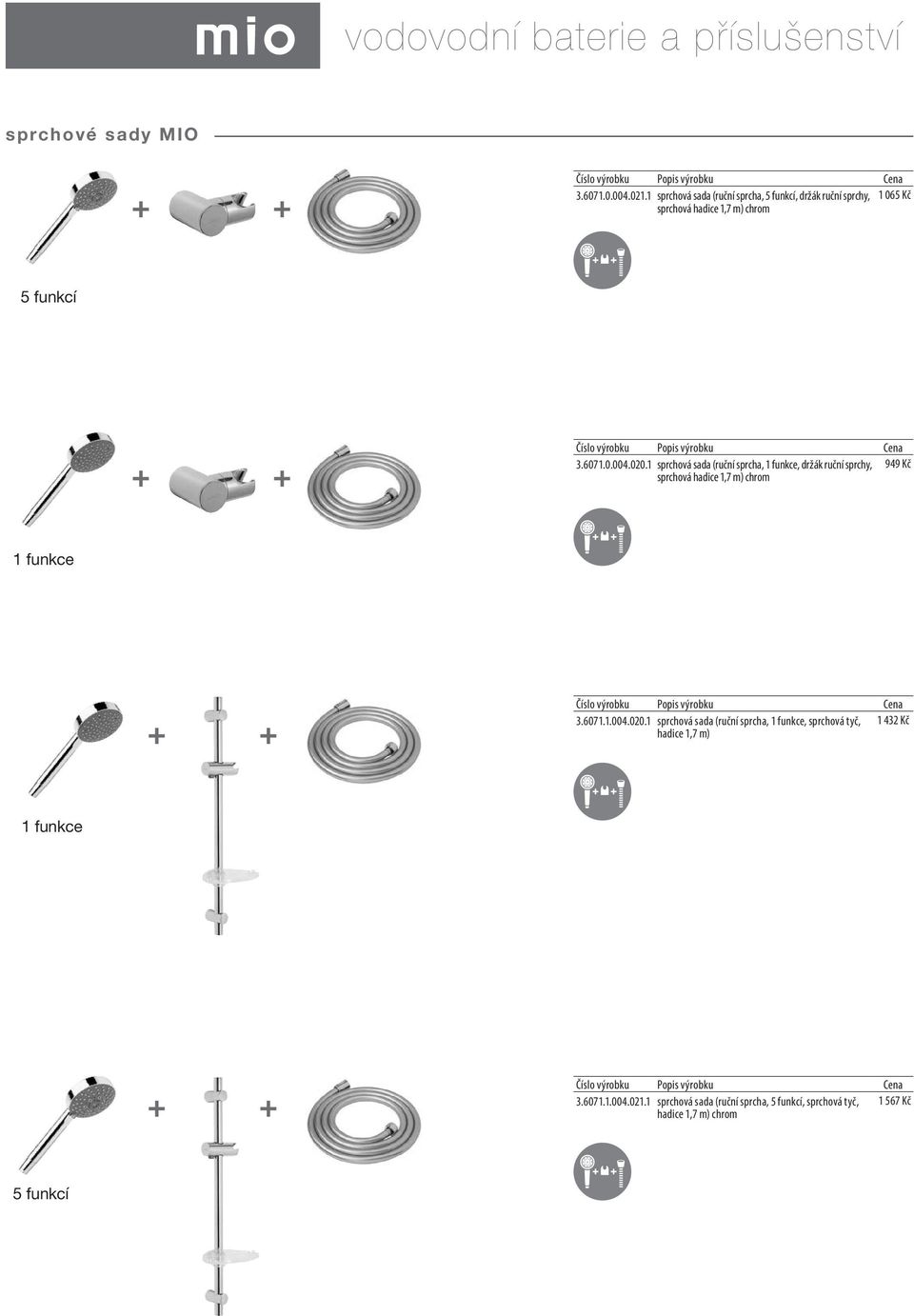 1 sprchová sada (ruční sprcha, 1 funkce, držák ruční sprchy, 949 Kč sprchová hadice 1,7 m) 1 funkce 3.6071.1.004.020.