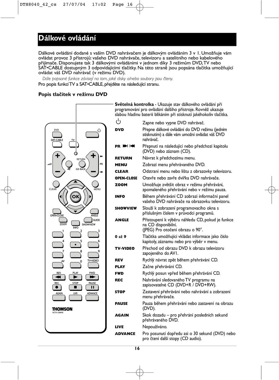 Disponujete tak 3 dálkovými ovládáními v jednom díky 3 režimům DVD,TV nebo SAT CABLE dostupným 3 odpovídajícími tlačítky.