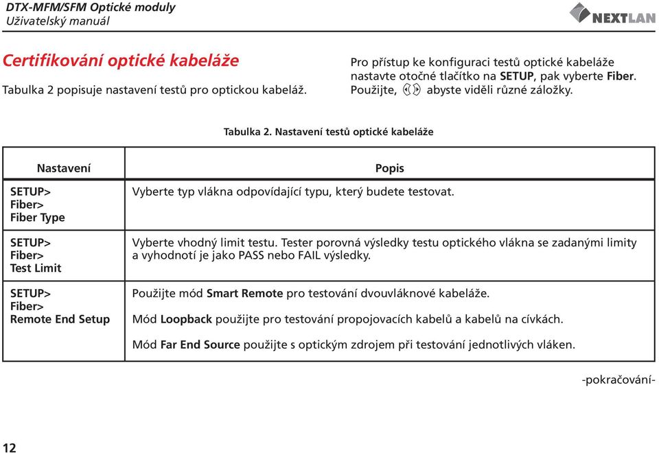 Nastavení testů optické kabeláže Nastavení SETUP> Fiber> Fiber Type SETUP> Fiber> Test Limit SETUP> Fiber> Remote End Setup Popis Vyberte typ vlákna odpovídající typu, který budete testovat.