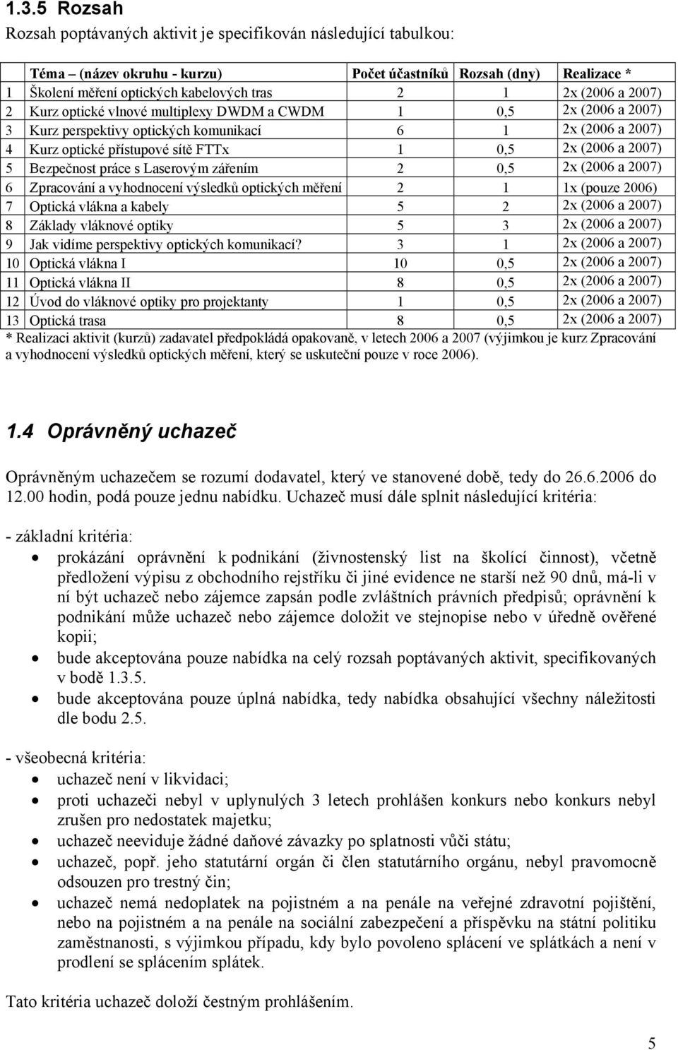 2007) 5 Bezpečnost práce s Laserovým zářením 2 0,5 2x (2006 a 2007) 6 Zpracování a vyhodnocení výsledků optických měření 2 1 1x (pouze 2006) 7 Optická vlákna a kabely 5 2 2x (2006 a 2007) 8 Základy