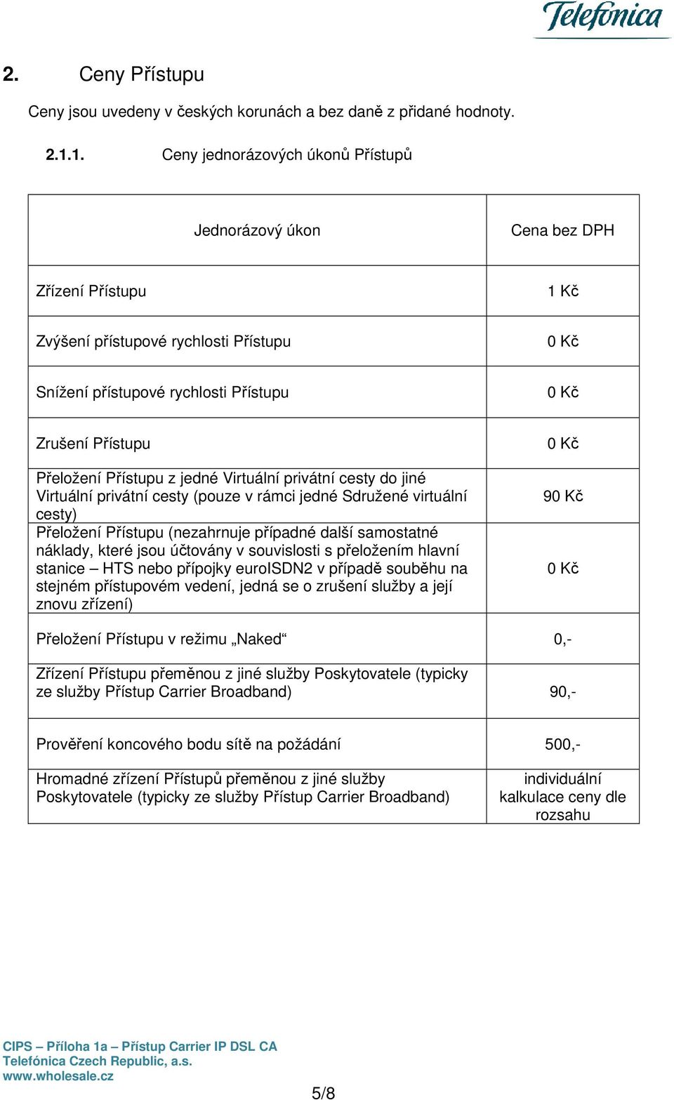 Přeložení Přístupu z jedné Virtuální privátní cesty do jiné Virtuální privátní cesty (pouze v rámci jedné Sdružené virtuální cesty) Přeložení Přístupu (nezahrnuje případné další samostatné náklady,