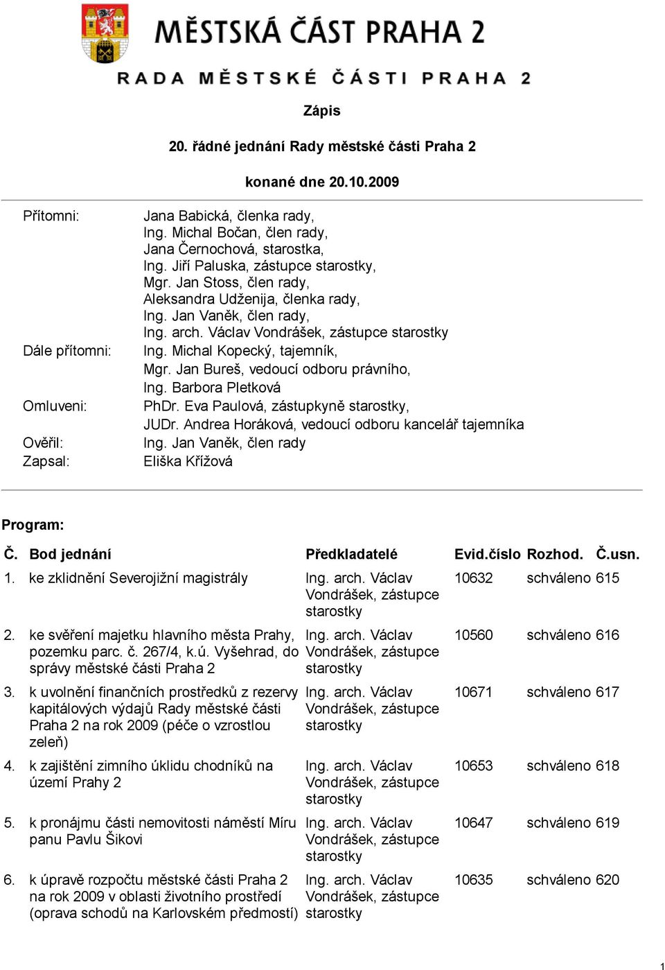 Václav Vondrášek, zástupce starostky Ing. Michal Kopecký, tajemník, Mgr. Jan Bureš, vedoucí odboru právního, Ing. Barbora Pletková PhDr. Eva Paulová, zástupkyně starostky, JUDr.