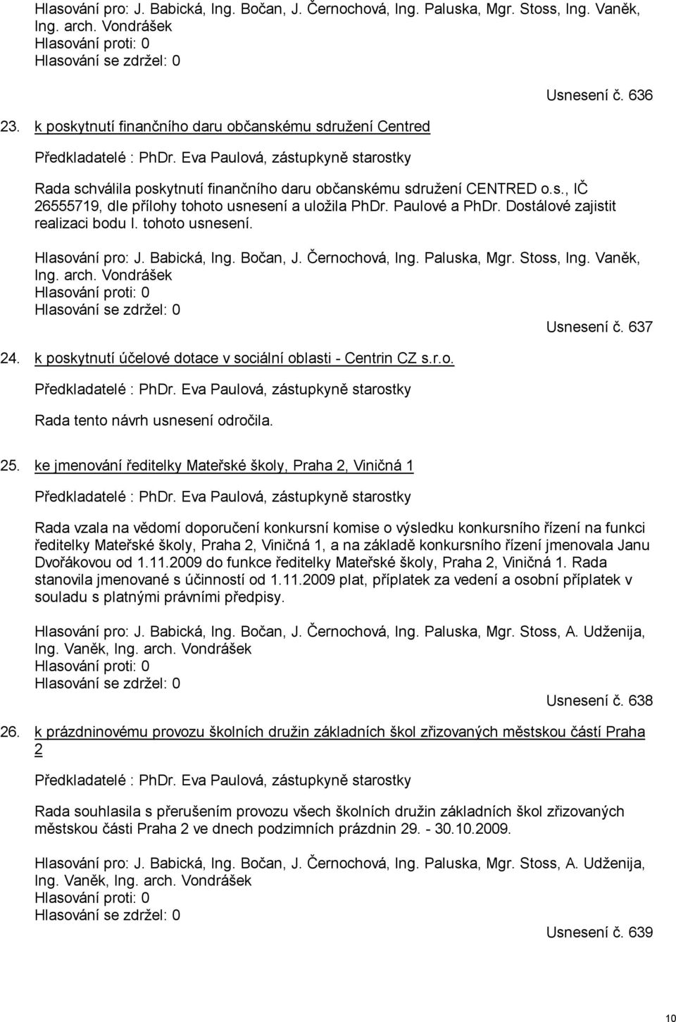 Dostálové zajistit realizaci bodu I. tohoto usnesení. Hlasování pro: J. Babická, Ing. Bočan, J. Černochová, Ing. Paluska, Mgr. Stoss, Ing. Vaněk, Ing. arch. Vondrášek Usnesení č. 637 24.