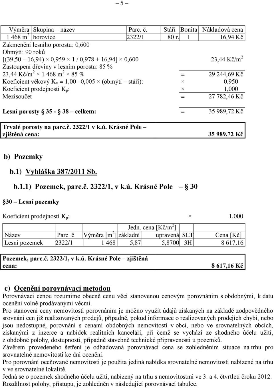 244,69 Kč Koeficient věkový K v = 1,00 0,005 (obmýtí stáří): 0,950 Koeficient prodejnosti K p : 1,000 Mezisoučet = 27 782,46 Kč Lesní porosty 35-38 celkem: = 35 989,72 Kč Trvalé porosty na parc.č. 2322/1 v k.