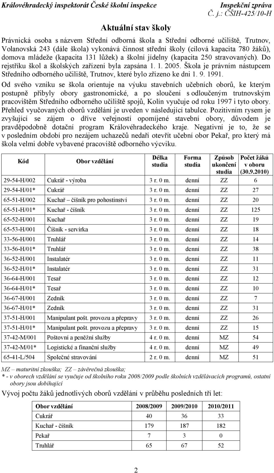 Škola je právním nástupcem Středního odborného učiliště, Trutnov, které bylo zřízeno ke dni 1. 9. 1991.