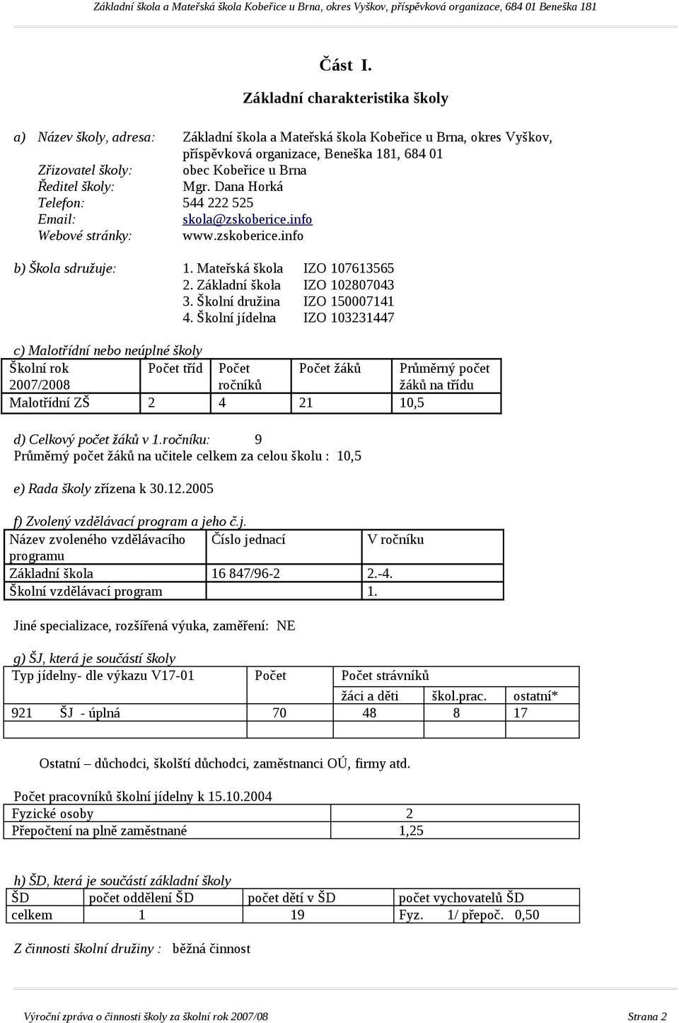 Brna Ředitel školy: Mgr. Dana Horká Telefon: 544 222 525 Email: skola@zskoberice.info Webové stránky: www.zskoberice.info b) Škola sdružuje: 1. Mateřská škola IZO 107613565 2.