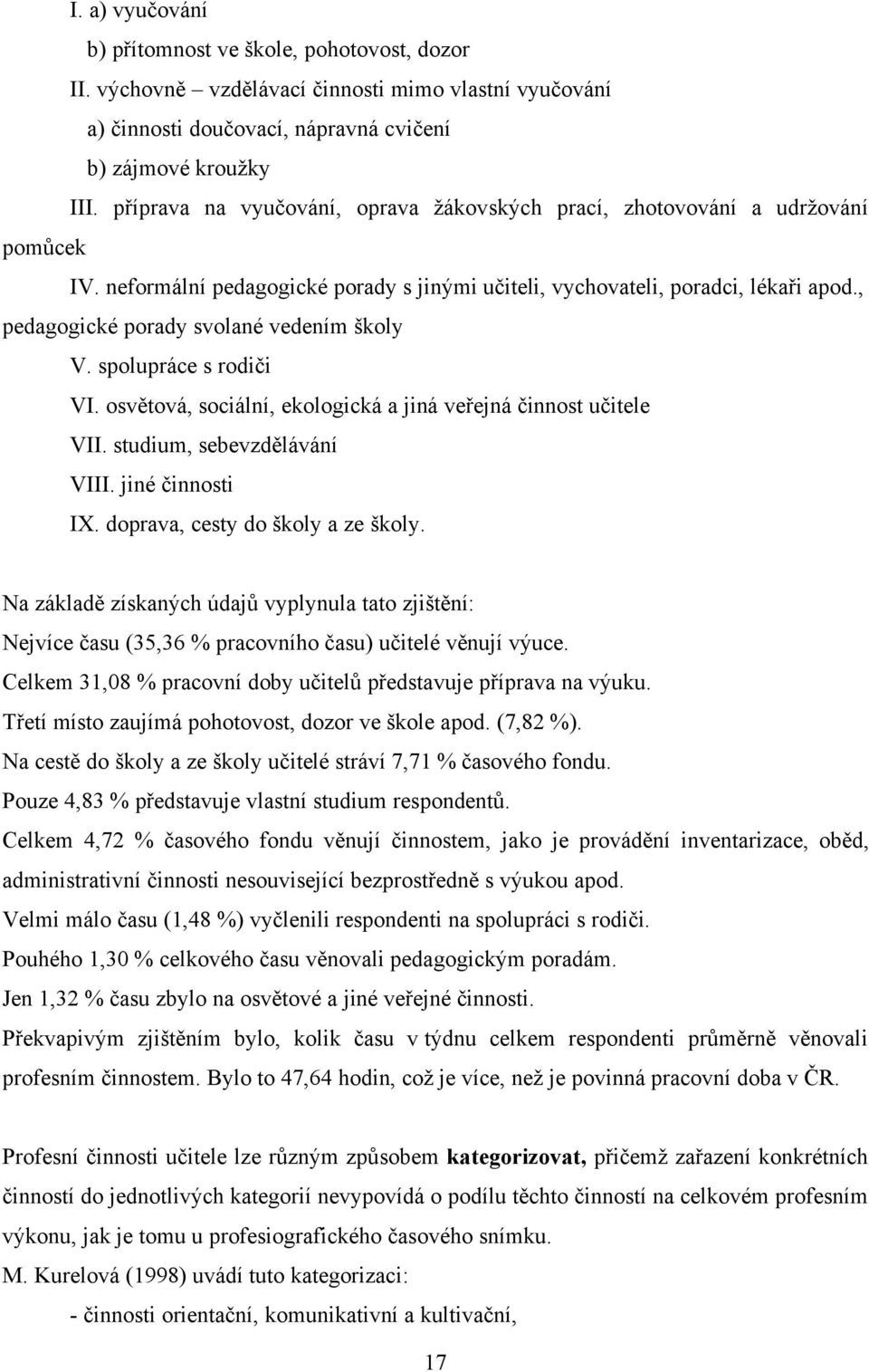 , pedagogické porady svolané vedením školy V. spolupráce s rodiči VI. osvětová, sociální, ekologická a jiná veřejná činnost učitele VII. studium, sebevzdělávání VIII. jiné činnosti IX.