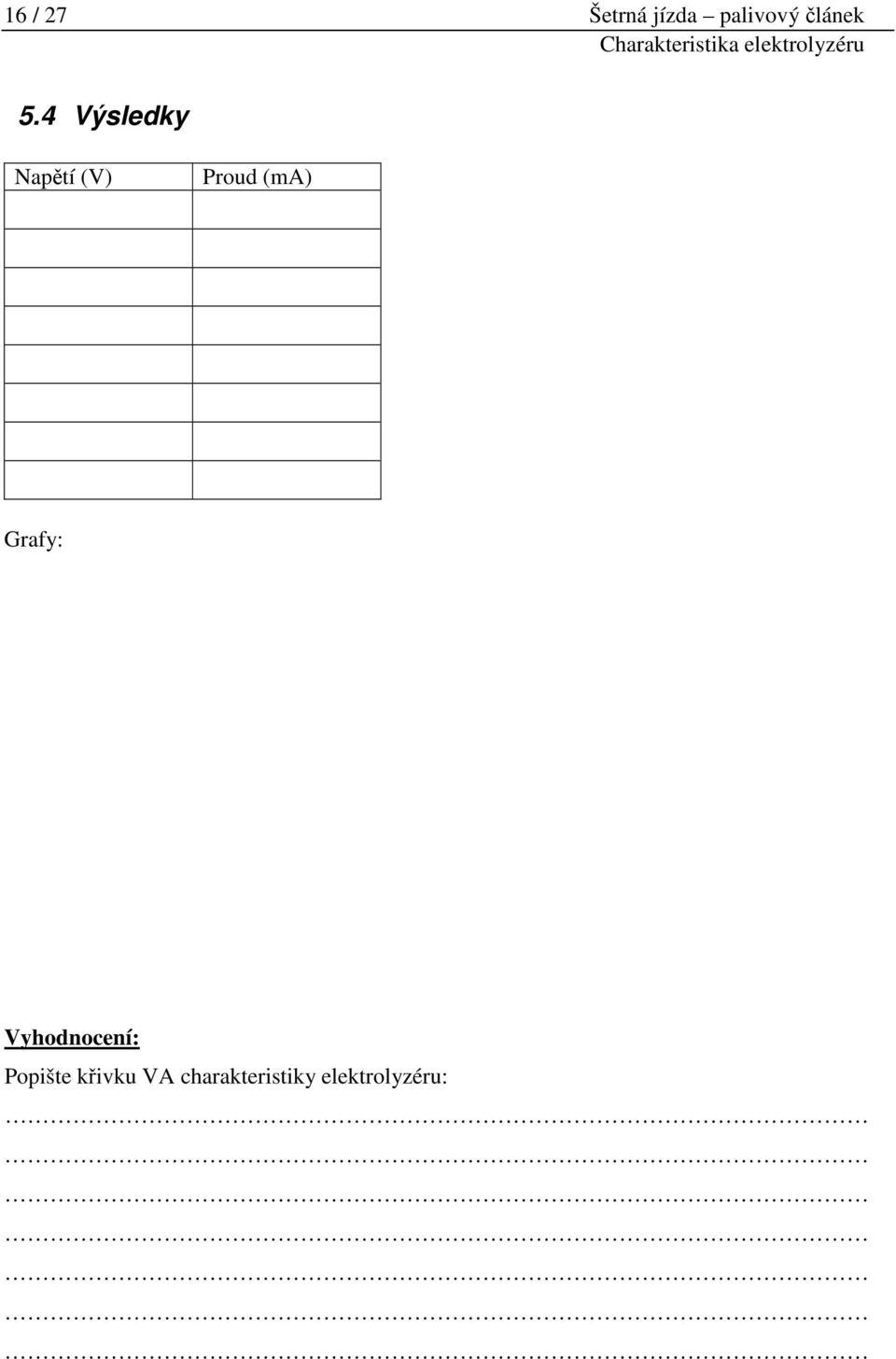 4 Výsledky Napětí (V) Proud (ma) Grafy: