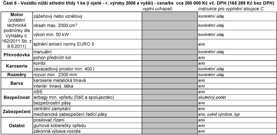 400 l Rozměry rozvor min. 2300 mm karoserie metalická tmavá interiér: tmavý, látka ABS Bezpečnost airbagy min.