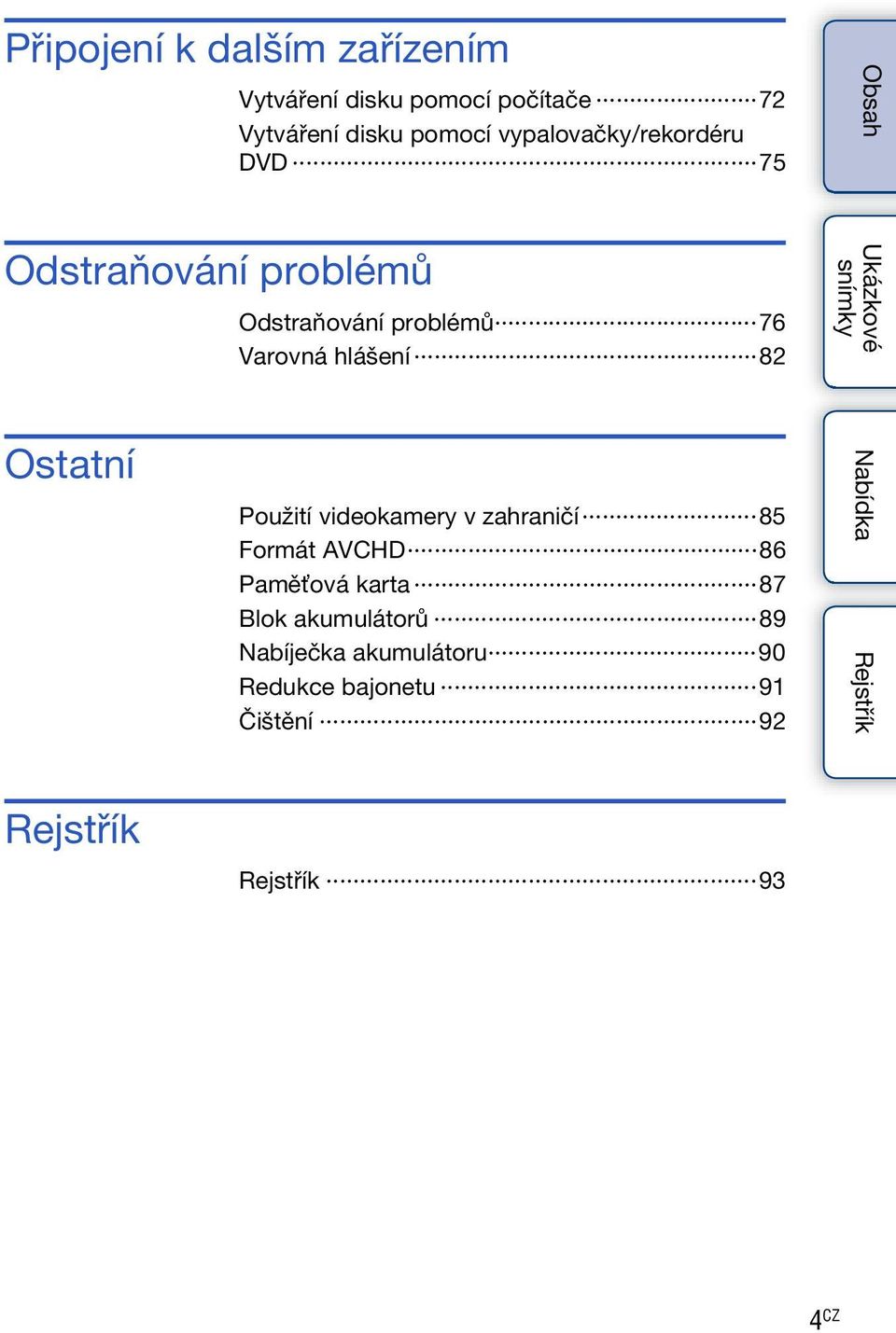hlášení 82 Ostatní Použití videokamery v zahraničí 85 Formát AVCHD 86 Paměťová karta 87