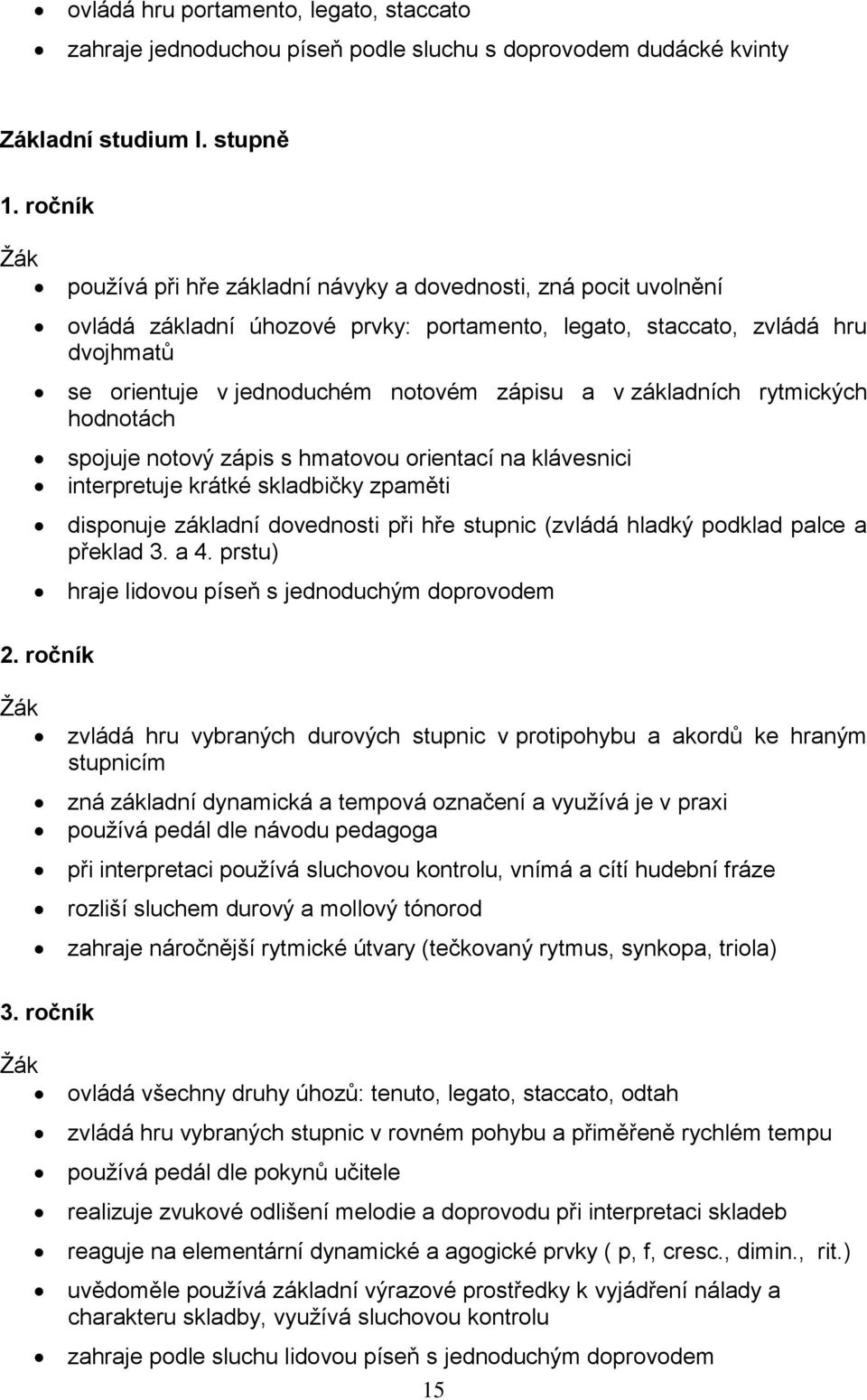 základních rytmických hodnotách spojuje notový zápis s hmatovou orientací na klávesnici interpretuje krátké skladbičky zpaměti disponuje základní dovednosti při hře stupnic (zvládá hladký podklad