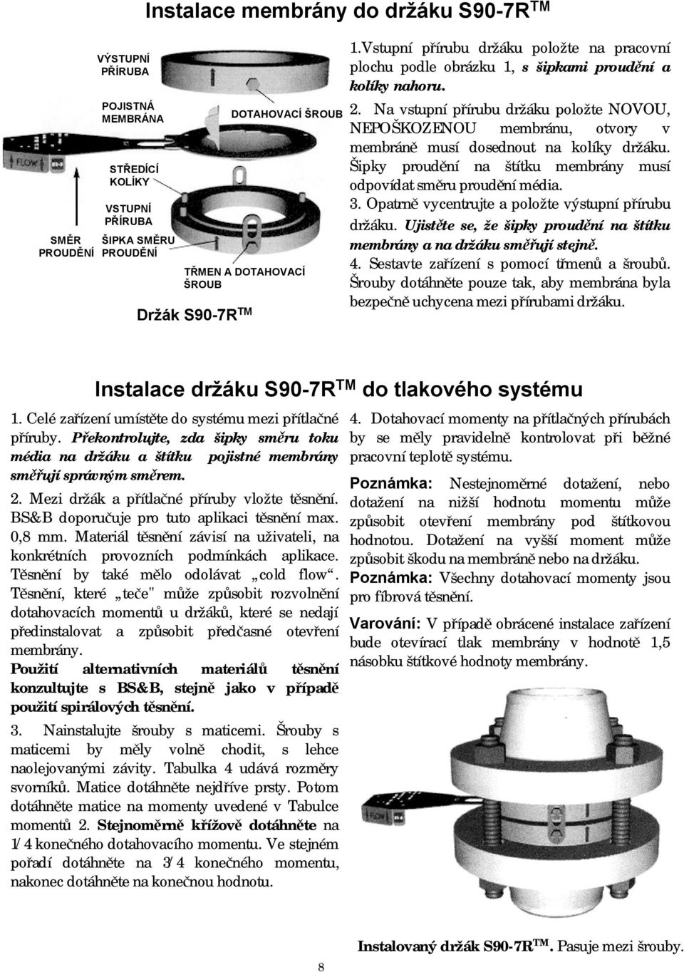 Na vstupní přírubu držáku položte NOVOU, NEPOŠKOZENOU membránu, otvory v membráně musí dosednout na kolíky držáku. Šipky proudění na štítku membrány musí odpovídat směru proudění média. 3.