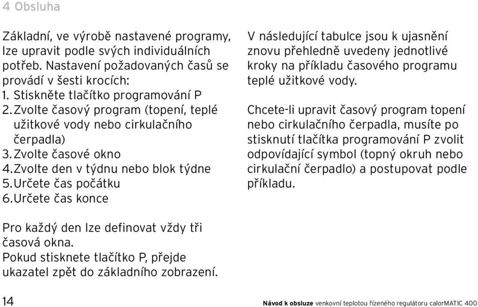 Určete čas konce V následující tabulce jsou k ujasnění znovu přehledně uvedeny jednotlivé kroky na příkladu časového programu teplé užitkové vody.