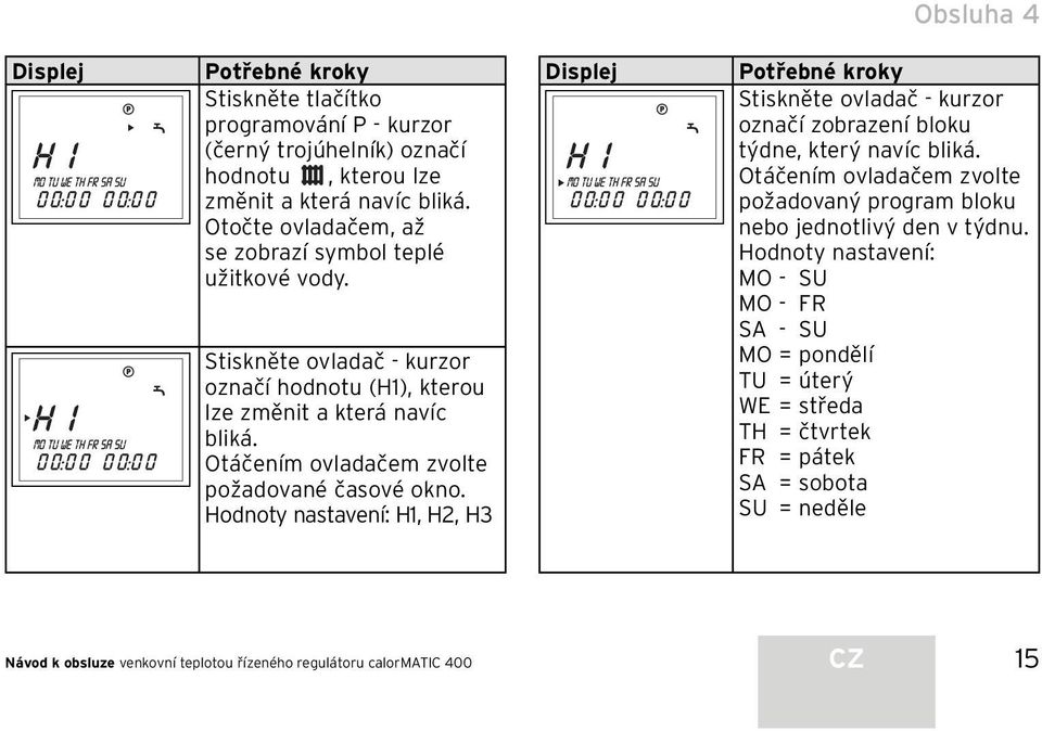 Otáčením ovladačem zvolte požadované časové okno. Hodnoty nastavení: H1, H2, H3 Displej Potřebné kroky Stiskněte ovladač - kurzor označí zobrazení bloku týdne, který navíc bliká.